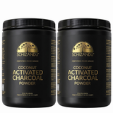 Two containers of Schizandu coconut activated charcoal powder on a white background