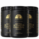 Three containers of Schizandu coconut activated charcoal powder on a white background