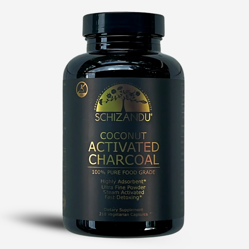 Bottle of Schizandu Coconut Activated Charcoal on a white background