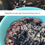 Pet food mixture in a blue bowl with text overlay