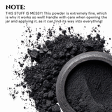 Black powder spilling out of a jar with text warning about its messiness.