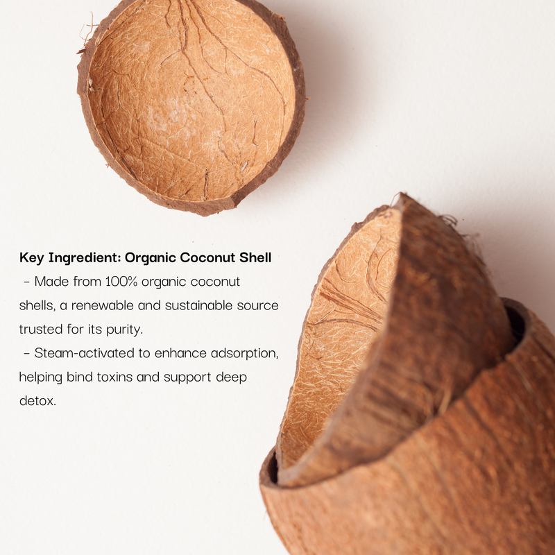 Two halves of an organic coconut shell on a white background with text about its key ingredient.