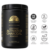Black container of Schizandu coconut activated charcoal powder with certification icons on a white background