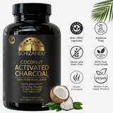 Schizandu coconut activated charcoal supplement bottle with product details on a white background