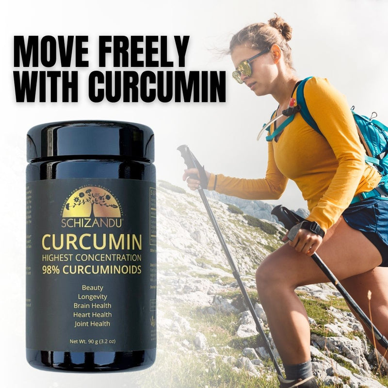 Schizandu Curcumin supplement bottle with a person hiking in the background