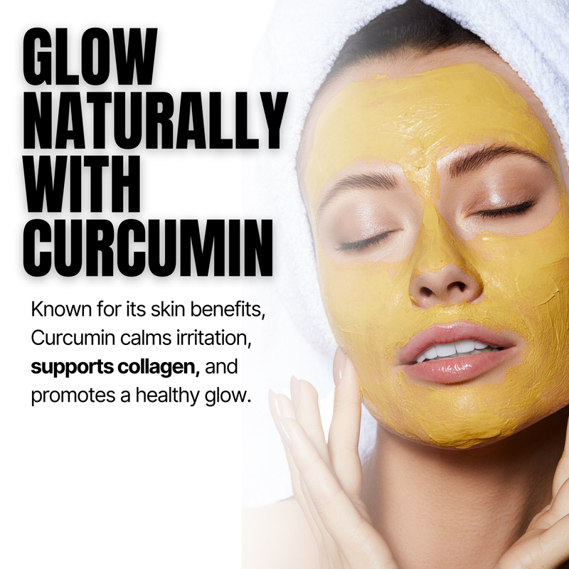 Woman applying a yellow facial mask with text about curcumin benefits on a white background