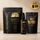 Three black Schizandu skincare packaging items on a beige textured background: a large Bentonite Clay stand-up pouch, a smaller Raw Shikari bottle with pump, and a round jar lid/sticker pack. A gold 'SAVE $19' badge appears in the top right.