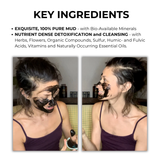 Person applying a mud mask with text about key ingredients on a white background