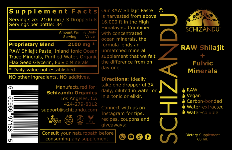 Supplement Facts of Raw Shilajit with Fulvic Minerals Drops, Schizandu