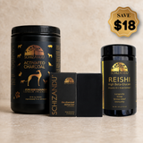 Three black Schizandu pet supplement products on a beige textured background: a large jar of Activated Charcoal, a box of the charcoal detox bar, and a jar of Reishi High Beta-Glucan. A gold 'SAVE $18' badge appears in the top right corner.