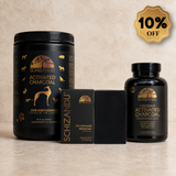 Schizandu pet supplement products including a large black jar of Activated Charcoal, a black box of charcoal detox bar, and a black bottle of Coconut Activated Charcoal, displayed on a beige textured background with a gold 10% off badge.