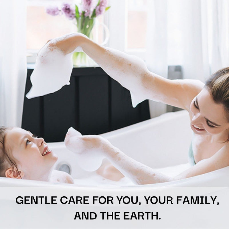 Woman and chil in a bubble bath with a text "gentle care for you, your family and the arth, schizandu.