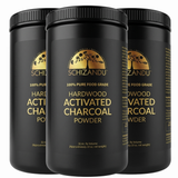 Three containers of Schizandu hardwood activated charcoal powder on a white background