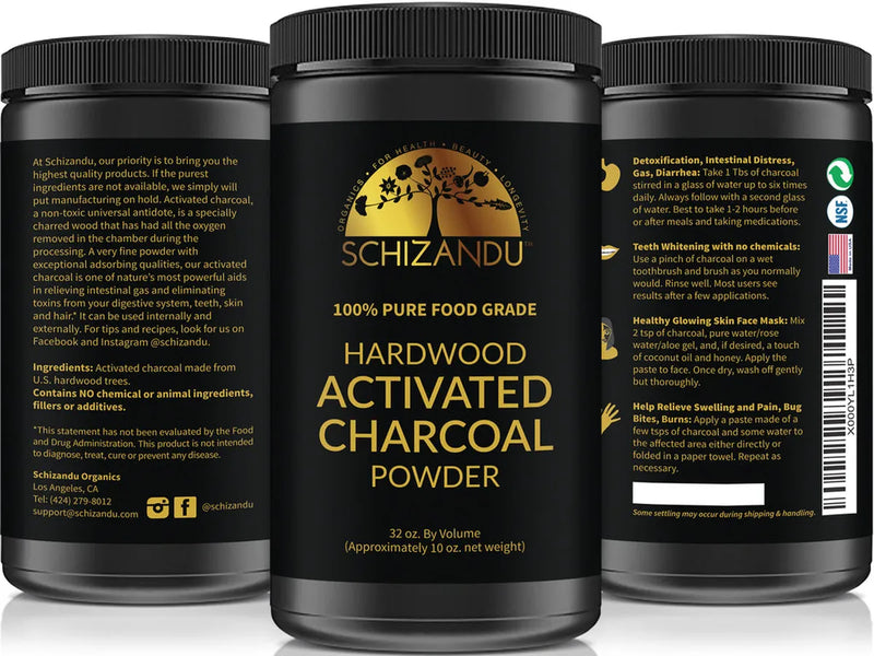 Hardwood activated charcoal powder package front and back, Schizandu