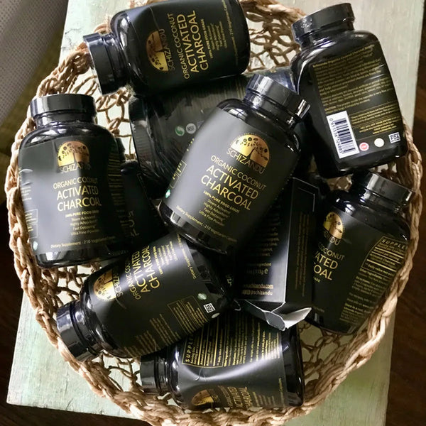 Imperfect Activated charcoal capsule packages in a basket, Schizandu