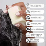 Hand washing hair with a bar of soap, featuring icons and text about product features.