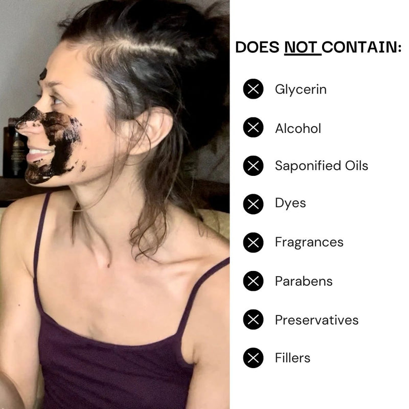 Woman applying a facial mask with a list of ingredients she does not contain on the right.