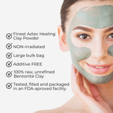 Woman applying green clay mask with product features listed on a white background