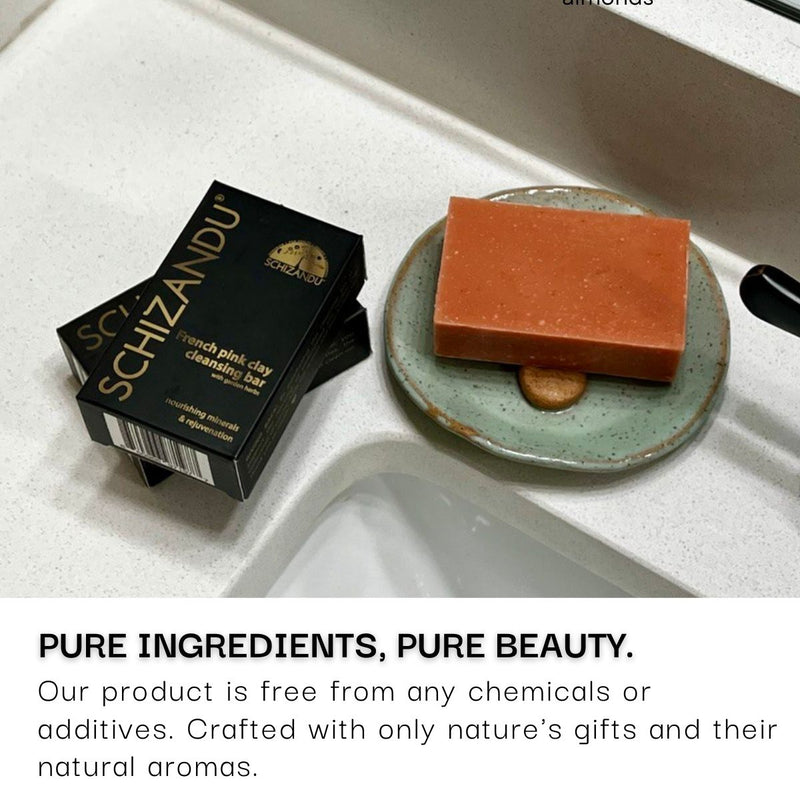 Schizandu soap bar and packaging on a sink with text about pure ingredients and beauty.