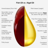Comparison chart of fish oil and algal oil with droplets and text on a white background