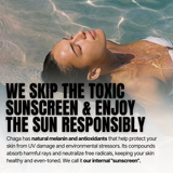 Person lying in water with text about skipping toxic sunscreen and using Chaga for sun protection.