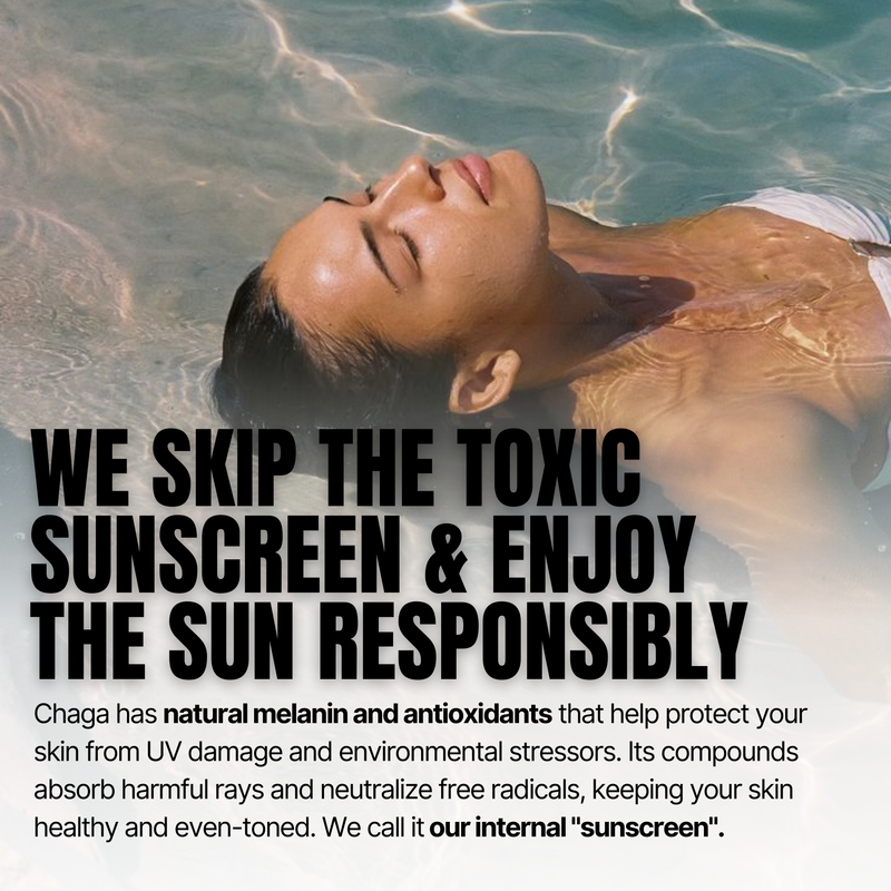 Person lying in water with text about skipping toxic sunscreen and using Chaga for sun protection.