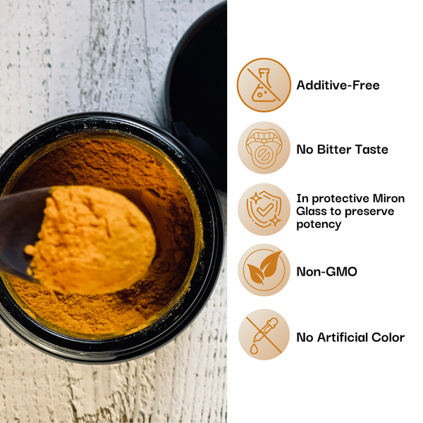 Turmeric powder in a black container with health benefits listed on the right.