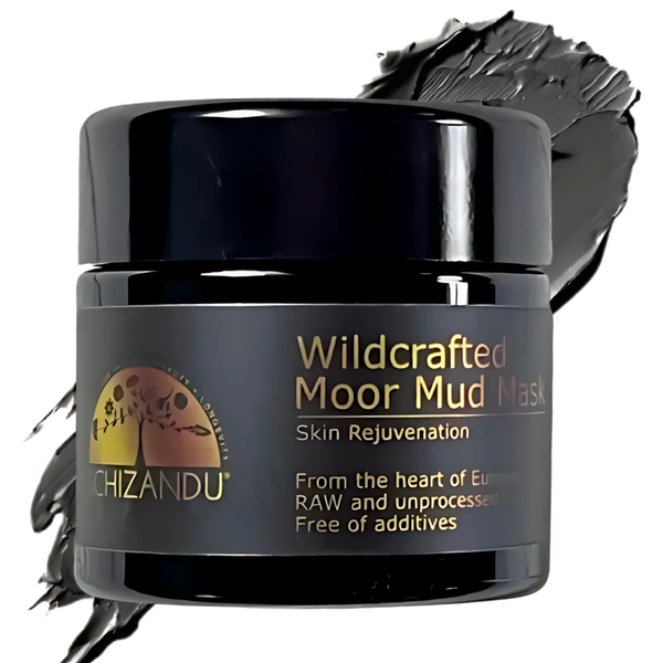 Chizandu Wildcrafted Moor Mud Mask jar with mud smear on a white background