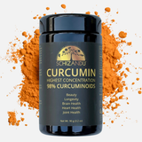 Schizandu Curcumin supplement container with orange powder on a white background