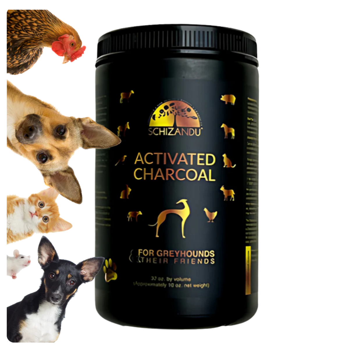 A black plastic tub of Schizandu Activated Charcoal for greyhounds and their friends, shown on a white background with decorative photos of various dogs, cats, and a chicken on the left side.