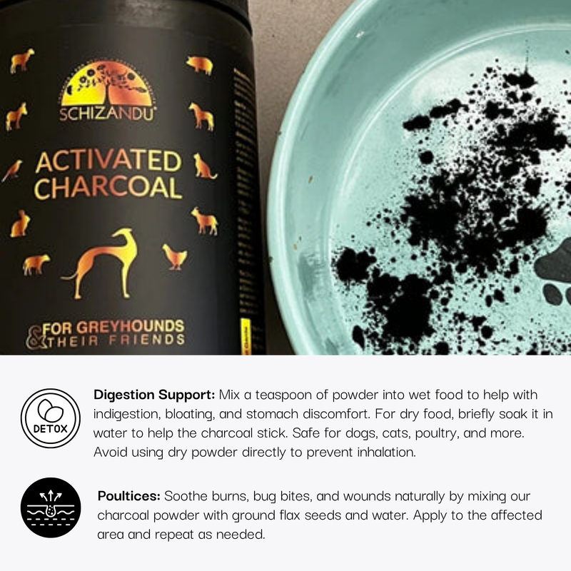 Schizandu Activated Charcoal for greyhounds with a bowl of activated charcoal powder.