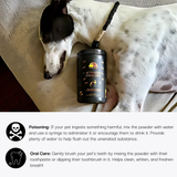 Dog lying next to a container of Activated Charcoal for pets with text about its uses.