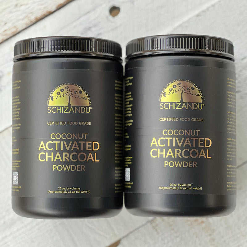 Schizandu Activated Charcoal – Set of 2 large 25 oz jars, made from pure coconut shells, food-grade certified for natural detox, teeth whitening, and skincare.