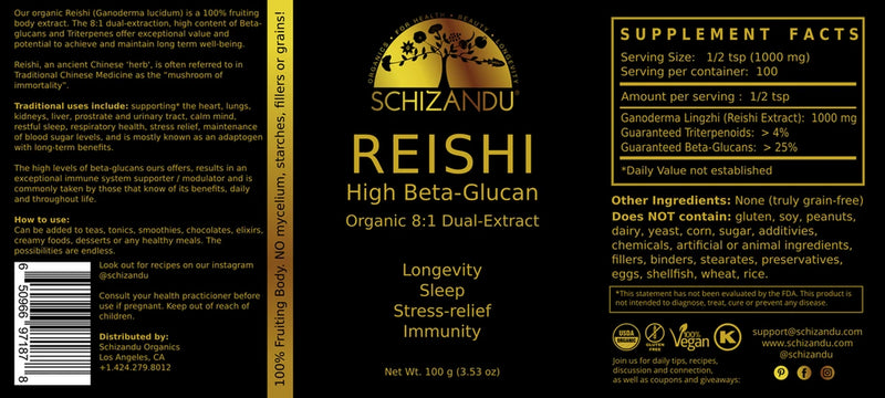 Reishi high beta glucan organic 8 by 1 dual extract packaging and supplement facts, Schizandu