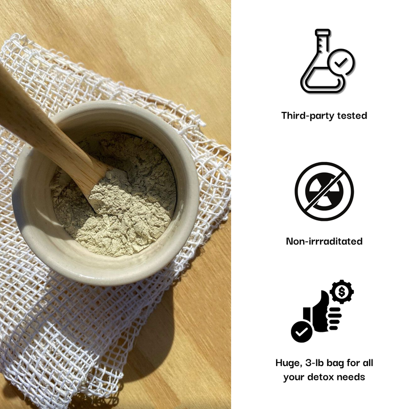 Bowl of powder with a wooden spoon on a checkered cloth, next to icons and text about product testing and packaging.