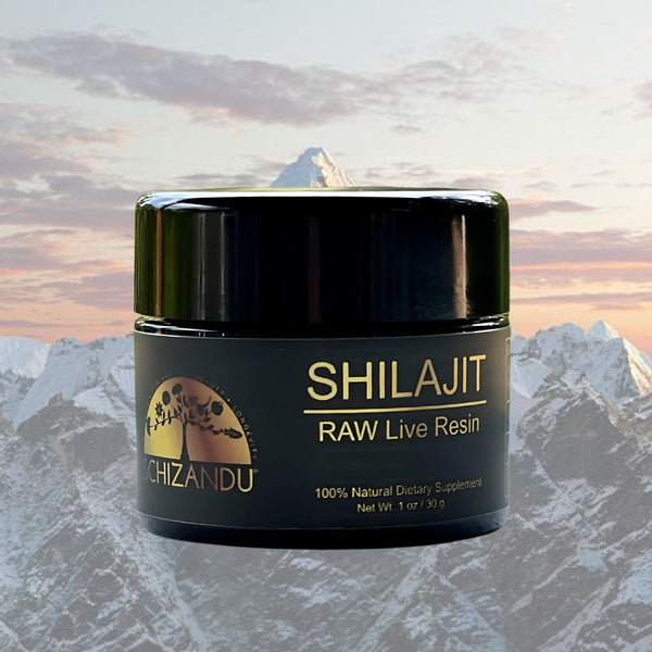 Live RAW Shilajit Resin supplement jar in front of Himalayan mountains