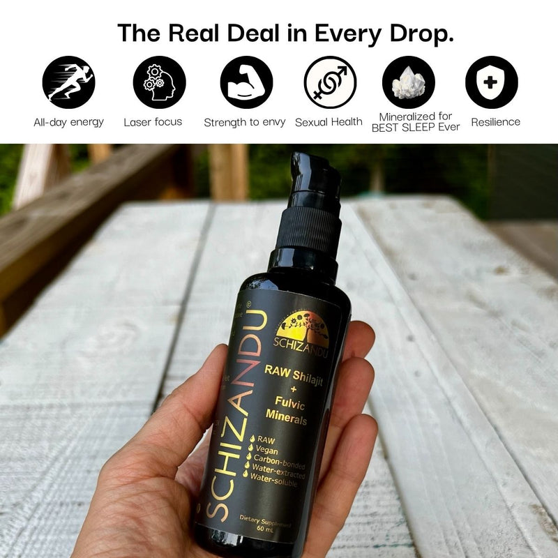 Hand holding a bottle of Schizandu Raw Shungite Fulvic Minerals on a wooden surface with product benefits listed above.