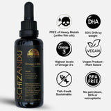 Schizandu omega-3 DHA supplement bottle with features listed on a white background