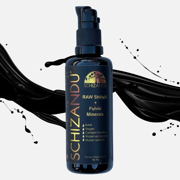 Schizandu Raw Shilajit bottle with black liquid splash on a white background
