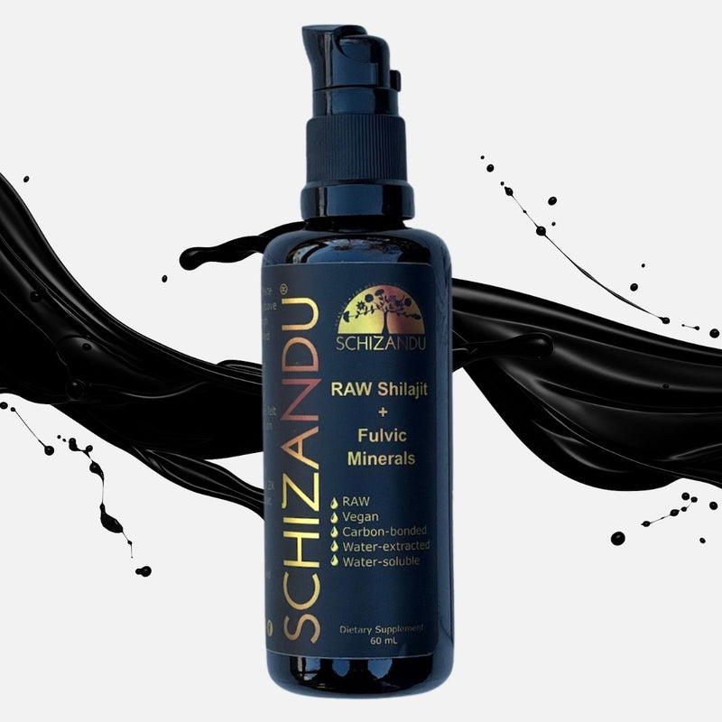 Schizandu Raw Shilajit bottle with black liquid splash on a white background