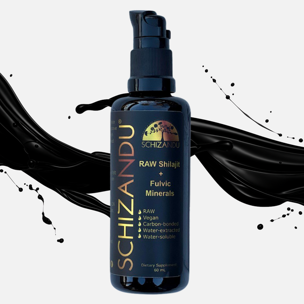 Schizandu Raw Shilajit bottle with black liquid splash on a white background