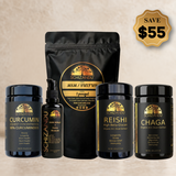 Five black Schizandu wellness products arranged in front of a black stand on a beige textured background, including Curcumin, Reishi High Beta-Glucan, and Chaga. A gold 'SAVE $55' badge appears in the top right corner.