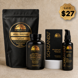A set of Schizandu skincare products on a textured beige background, including a black pouch of MSM/Sulfur, a bottle of Coconut Activated Charcoal, a box of The Charcoal Detox Bar, and a spray bottle of Raw Snail. A gold 'SAVE $27' badge is in the top right corner.