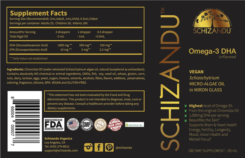 Supplement facts of Omega 3 DHA drops dietary supplement, Schizandu
