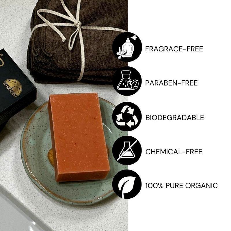 Bar of soap on a plate with certification icons for fragrance-free, paraben-free, biodegradable, chemical-free, and 100% pure organic on a white background.