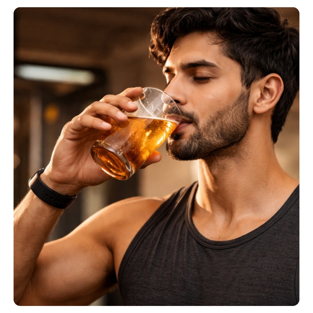A muscular man with a beard and short dark hair is shown in a close-up profile, drinking from a clear glass containing an amber liquid. He is wearing a black tank top and a black wristwatch, set against a warm, blurred indoor background.