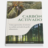 Book titled 'Carbón Activado' with a cover featuring palm trees and forest, and text about activated carbon.