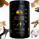 Black container of Schizandu Activated Charcoal for greyhounds with animal illustrations on a white background