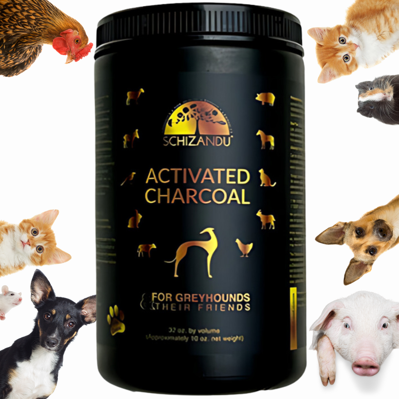Black container of Schizandu Activated Charcoal for greyhounds with animal illustrations on a white background