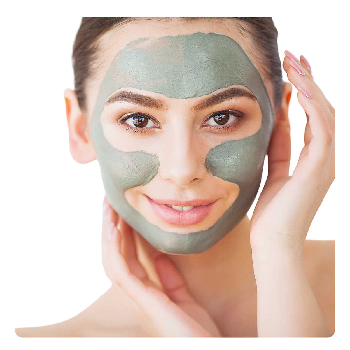 Woman applying a gray bentonite clay  facial mask on a white background